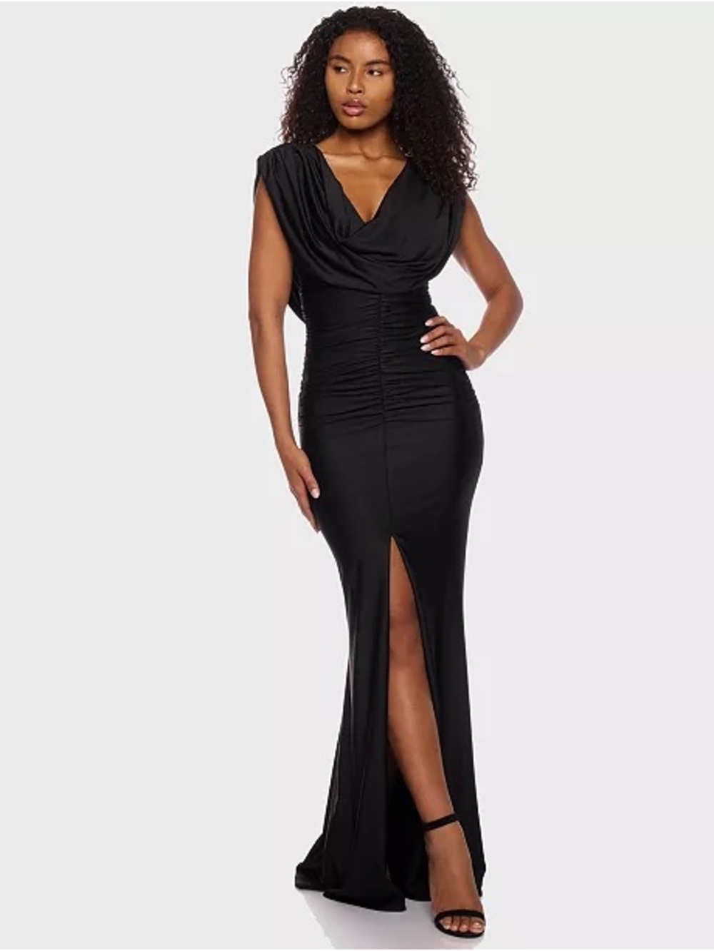 Black Ruched Cowl Neck Evening Gown